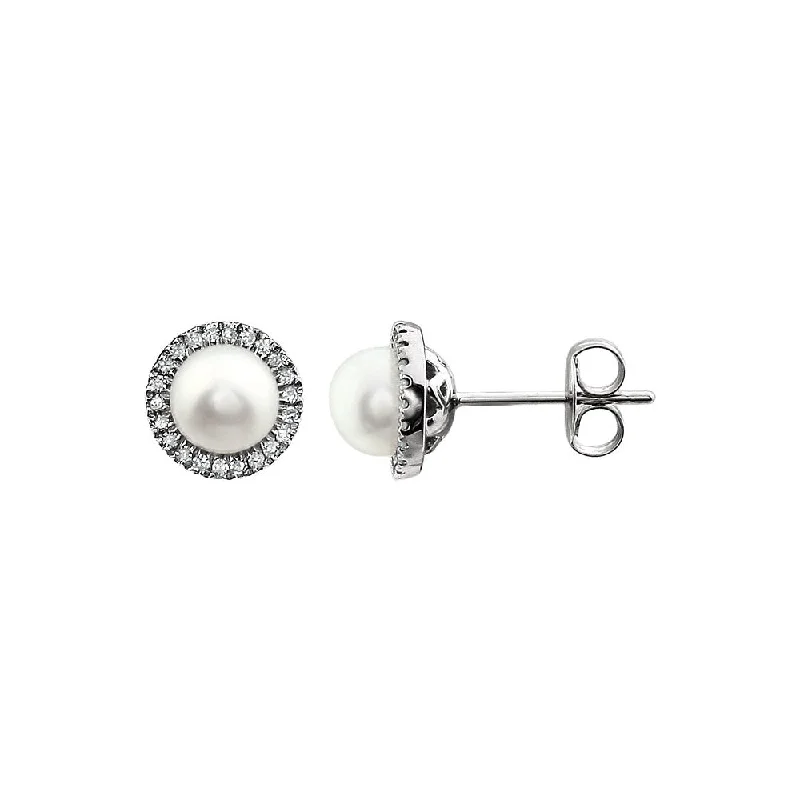 Dainty Gold Earrings-8mm Halo Style FW Cultured Pearl & Diamond Earrings in 14k White Gold