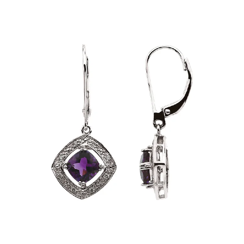 Minimalist Earrings for Women-Diamond Accented Amethyst Lever Back Earrings in 14k White Gold