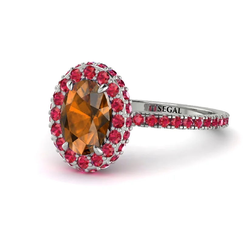 Designer Gemstone Rings-Oval Brown Diamond Halo Hidden Rubies Ring - Amy No. 1112