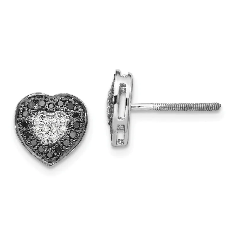 Fashionable Silver Earrings-Black & White Diamond 8mm Heart Screw Back Earrings in Sterling Silver