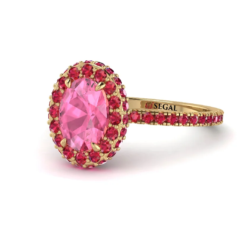 Custom Gold Rings-Oval Pink Moissanite Halo Hidden Rubies Ring - Amy No. 810