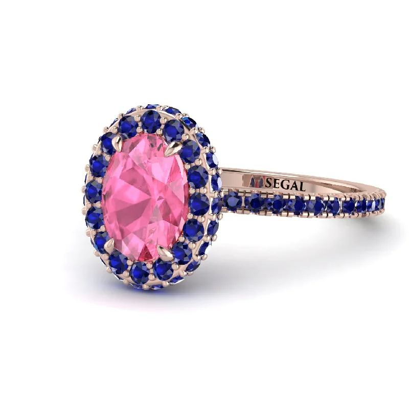 Trendy Silver Rings-Oval Pink Moissanite Halo Hidden Sapphires Ring - Amy No. 814