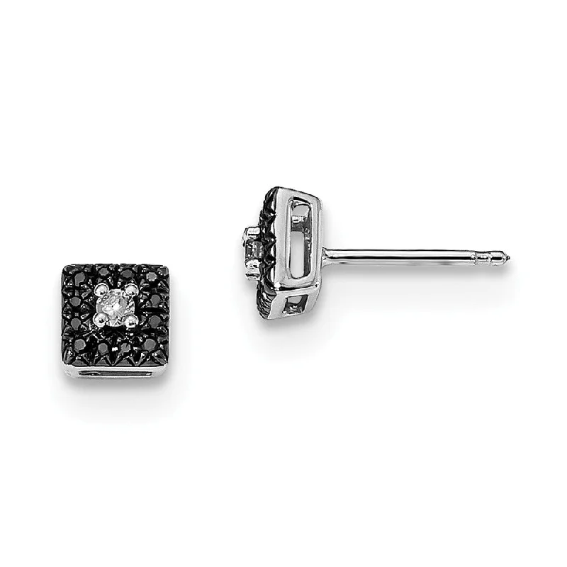 Unique Silver Earrings-Black & White Diamond 6mm Square Post Earrings in Sterling Silver