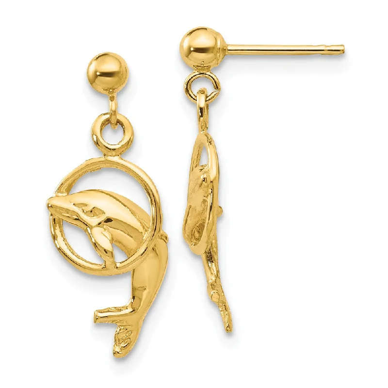 Sparkling Crystal Earrings-Dolphin & Hoop Dangle Post Earrings in 14k Yellow Gold