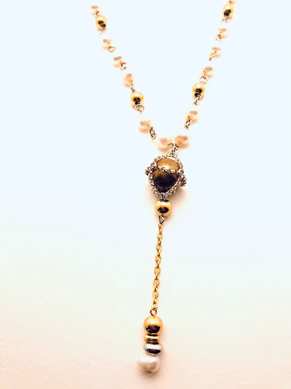 Colorful Pearl Necklaces-Pearl Necklace with Cage Brass Sphere in Sterling Silver