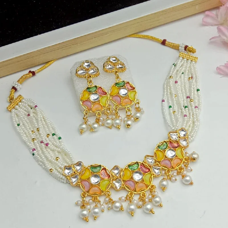 Long Silver Necklaces-SP Jewellery Gold Plated Kundan And Pearl Choker Necklace Set