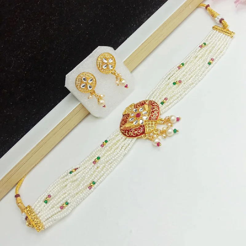 Handmade Necklaces for Women-SP Jewellery Gold Plated Kundan And Pearl Choker Necklace Set