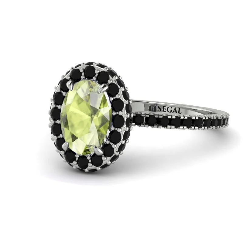 Stylish Adjustable Rings-Oval Peridot Halo Hidden Black Diamonds Ring - Amy No. 709