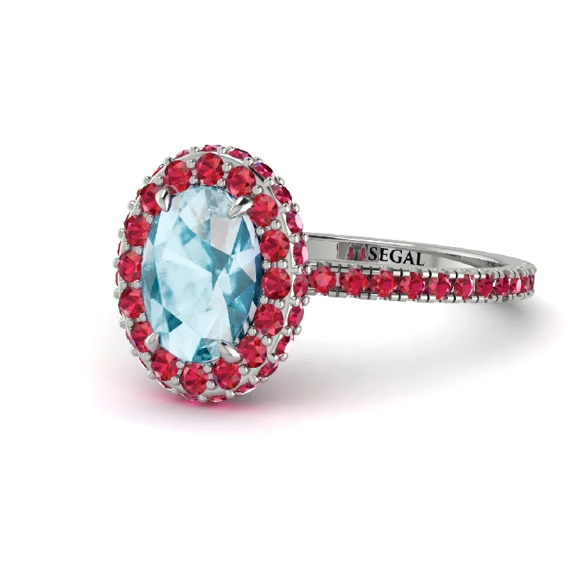 Luxury Wedding Rings for Women-Oval Aquamarine Halo Hidden Rubies Ring - Amy No. 412