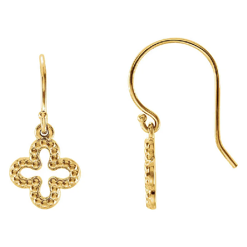 Boho Chic Earrings-10mm (3/8 Inch) 14k Yellow Gold Small Beaded Clover Dangle Earrings