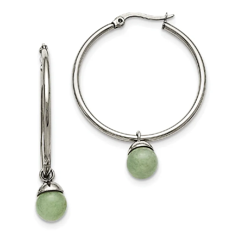 Dainty Silver Earrings-Green Aventurine Bead Round Hoop Earrings in Stainless Steel - 35mm