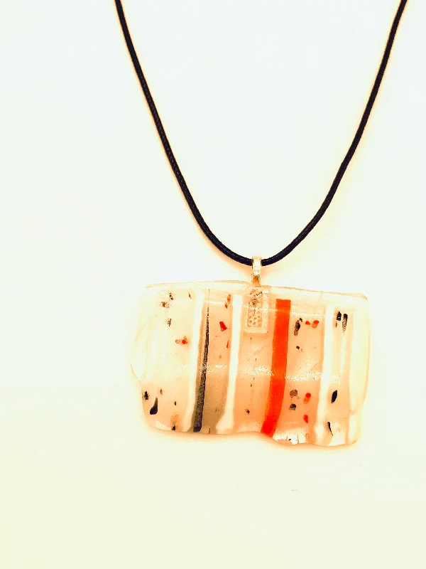 Cute Pearl Necklaces-Necklace with Fused Glass Pendant, Clear with Red and White Stripes