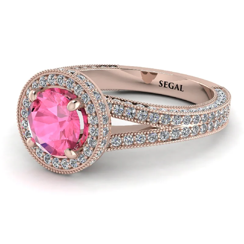 Elegant Silver Wedding Bands-Milgrain Round Pink Moissanite Engagement Ring - Payton No. 802