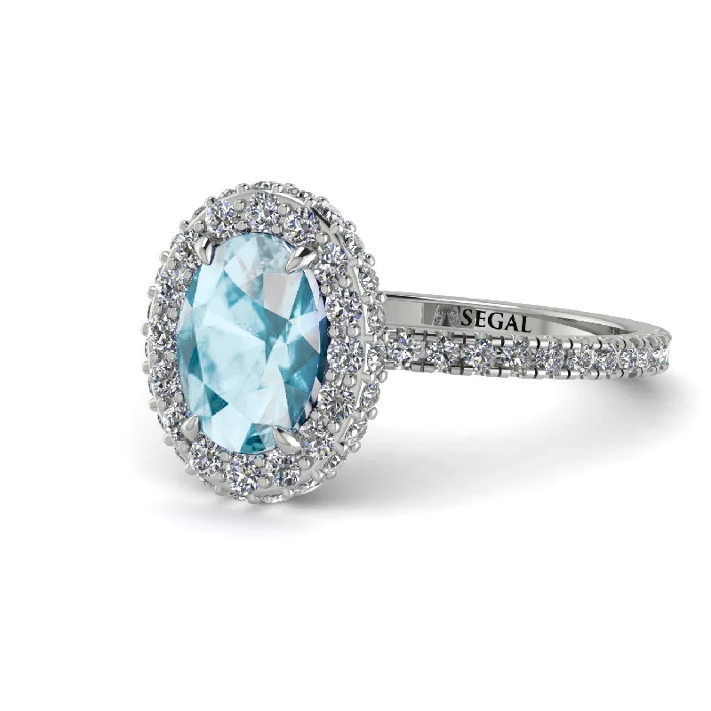 Sparkling Diamond Rings-Oval Aquamarine Halo Hidden Diamonds Ring - Amy No. 403