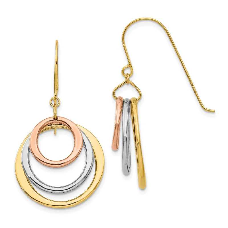 Vibrant Drop Earrings-Tri-color Triple Circle Dangle Earrings in 14k Gold