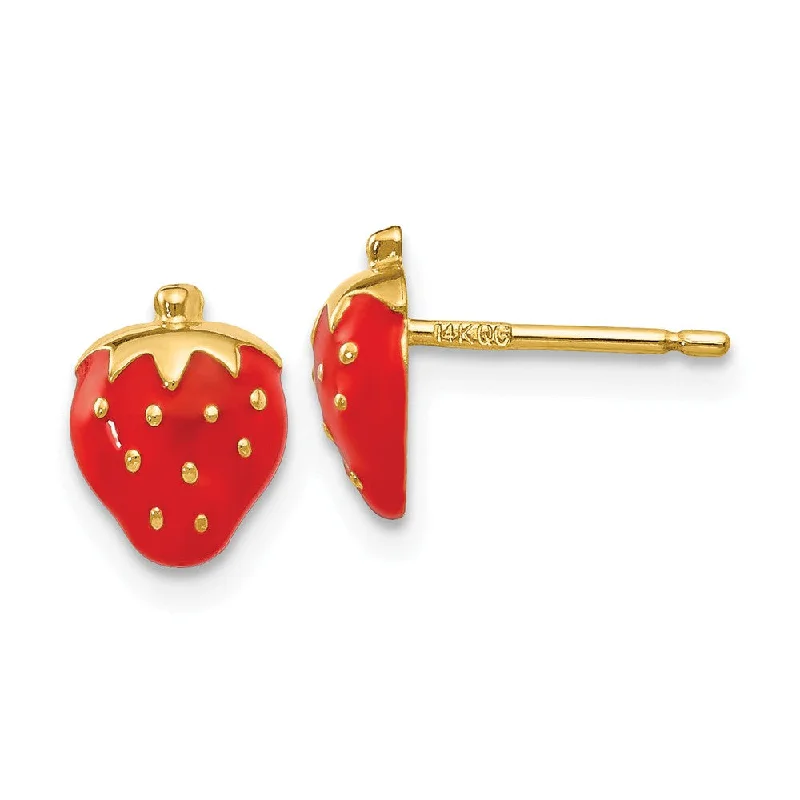 Antique Gold Earrings-8mm Red Strawberry Post Earrings in 14k Yellow Gold and Enamel