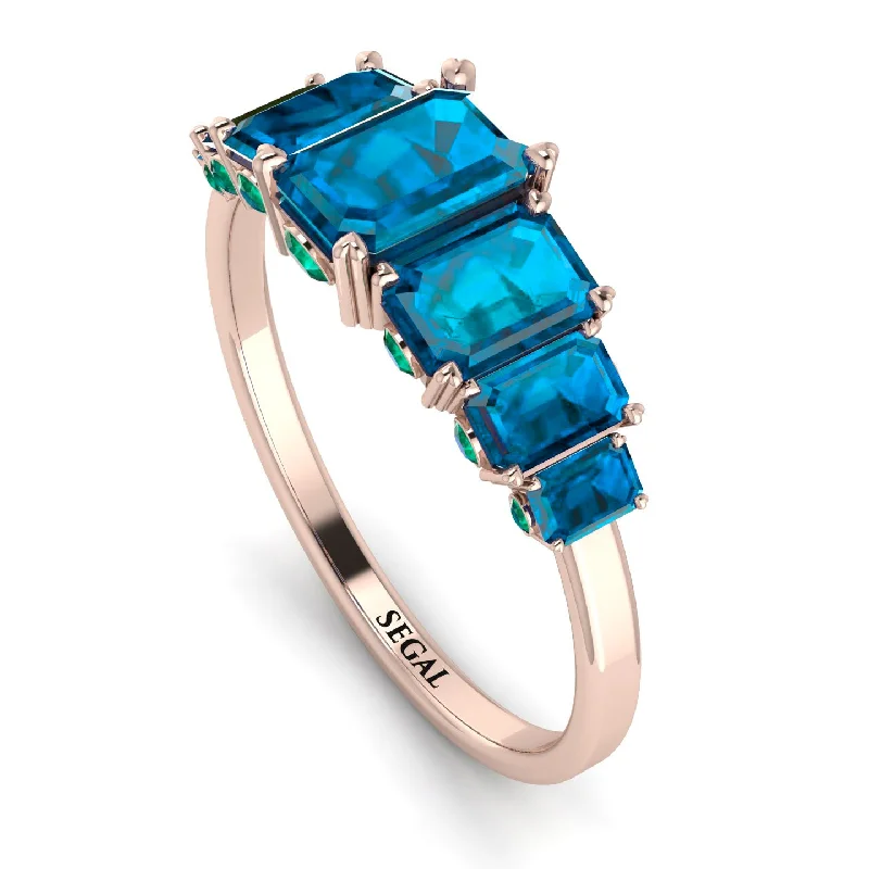 Silver Wedding Bands-Emerald Cut Blue Topaz Ring With Hidden Emeralds - Brynlee No. 505