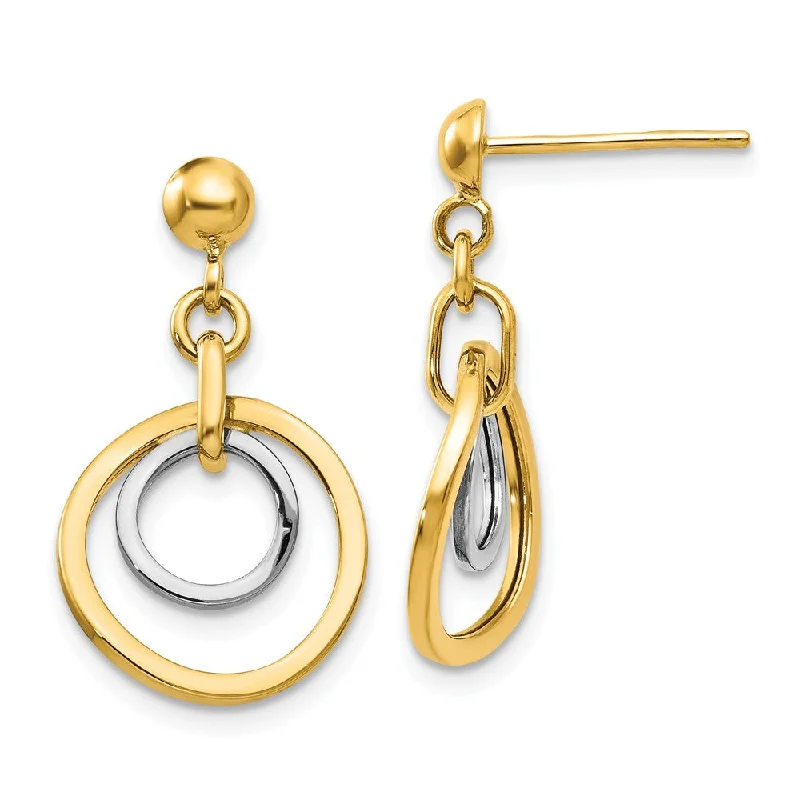 Modern Dangle Earrings-Two-tone Double Circle Dangle Post Earrings in 14k Gold