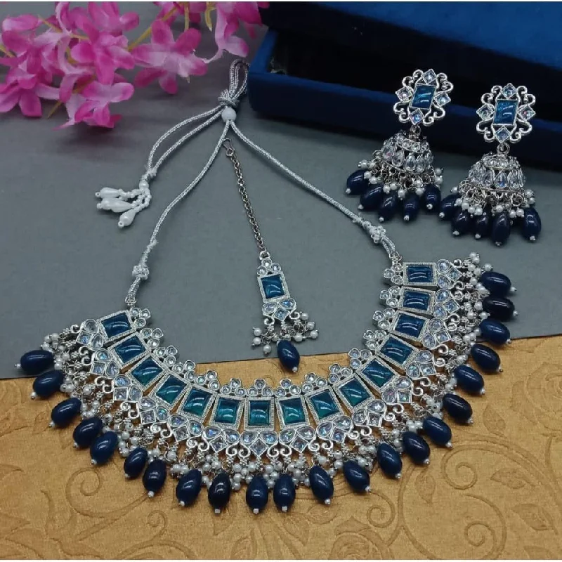 Trendy Necklaces for Women-Akruti Collection Silver Plated Crystal Stone And Beads Necklace Set