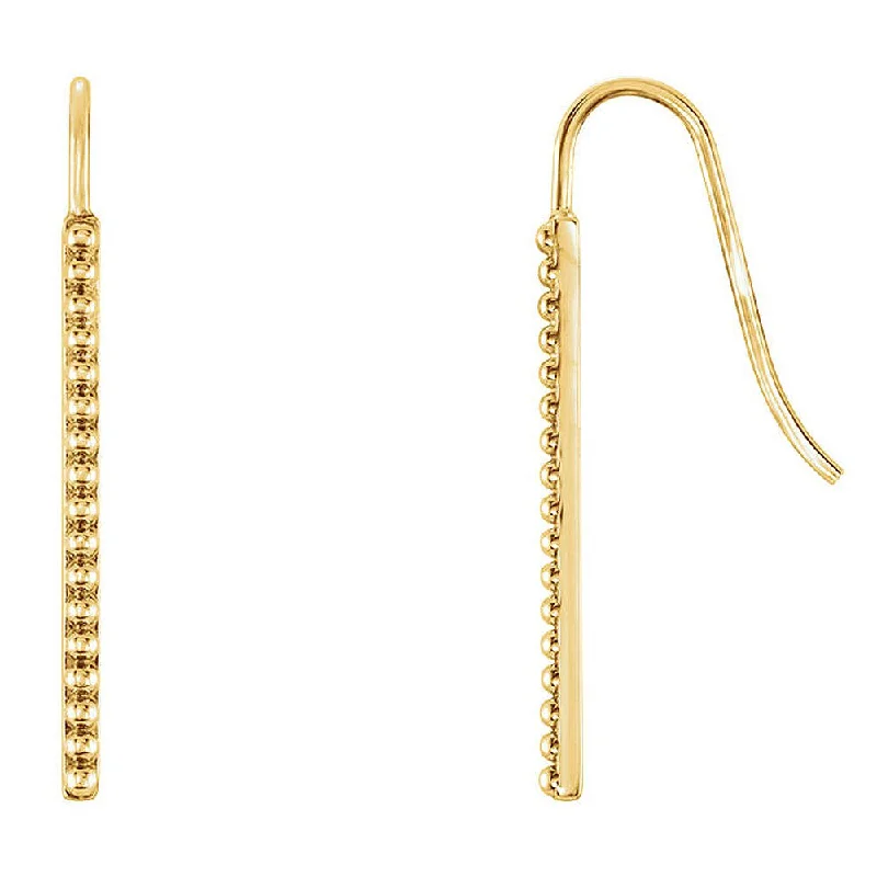 Round Drop Earrings-1.6mm x 25mm (1 Inch) 14k Yellow Gold Beaded Vertical Bar Earrings