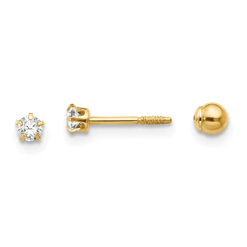 Big Earrings for Women-Kids 14k Yellow Gold & Crystal Reversible 3mm Ball Screw Back Earrings