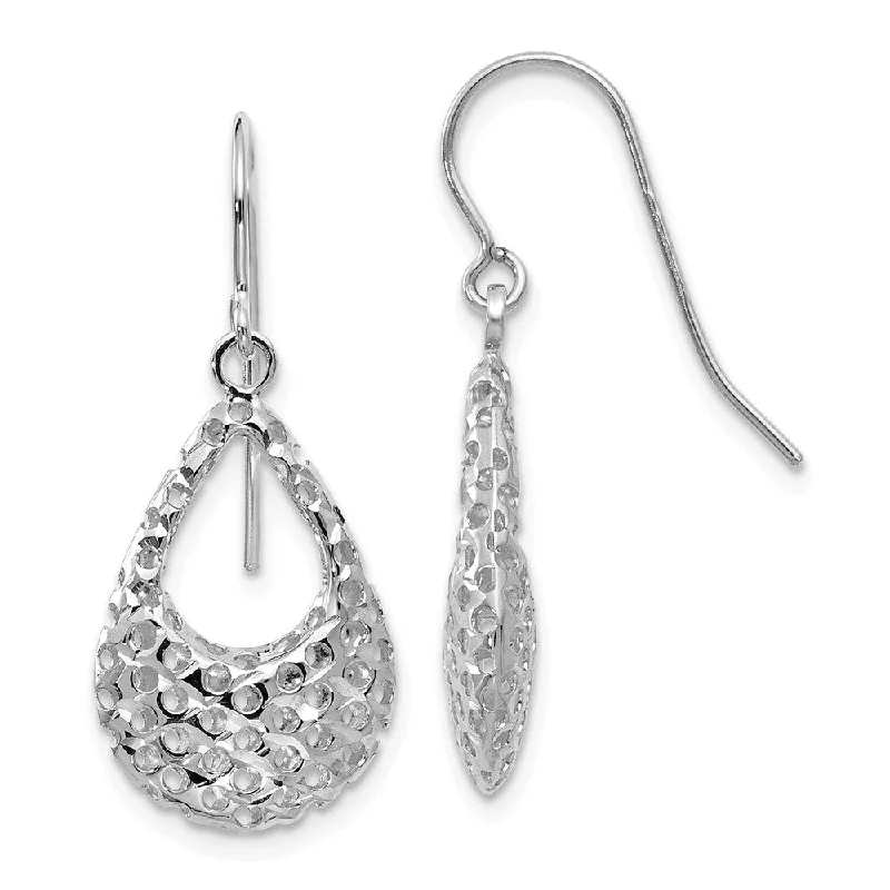 Fashionable Statement Earrings-Small Cutout 3D Teardrop Dangle Earrings in 14k White Gold