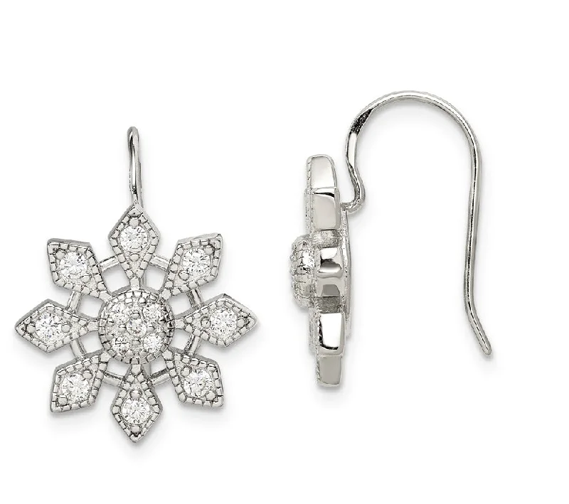 Round Silver Earrings-Sterling Silver Cubic Zirconia Snowflake Earrings