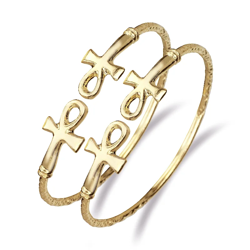 Unique Diamond Bangles-Better Jewelry Solid .925 West Indian Silver Bangles with Ankh Cross Ends, 1 pair