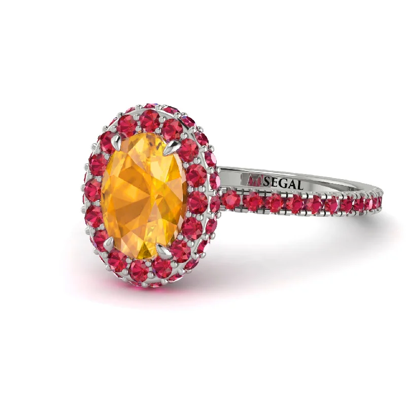 Personalized Engagement Ring Sets-Oval Yellow Diamond Halo Hidden Rubies Ring - Amy No. 1012