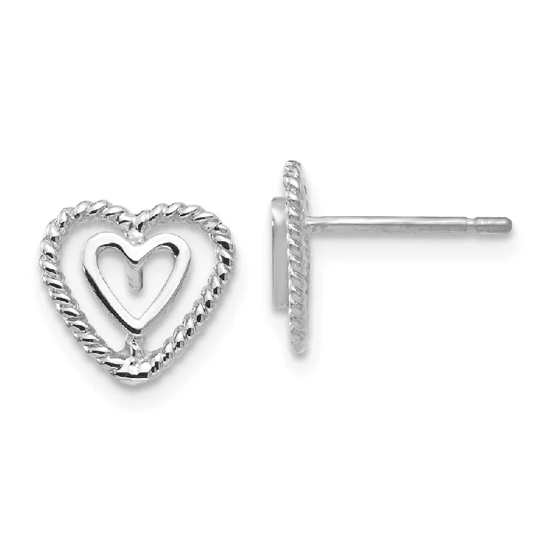 Trendy Silver Earrings-9mm Double Open Heart Post Earrings in 14k White Gold