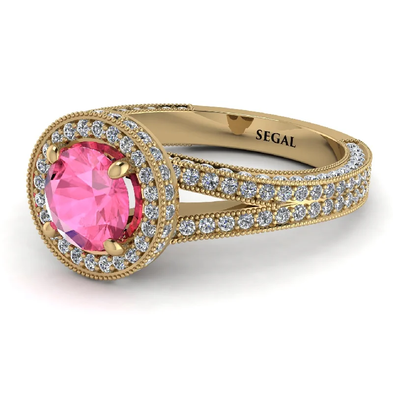 Simple Gemstone Wedding Rings-Milgrain Round Pink Moissanite Engagement Ring - Payton No. 801