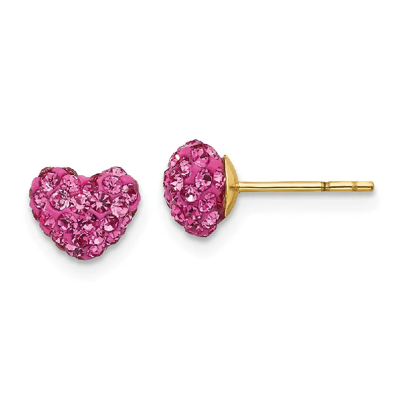 Affordable Gold Earrings-6mm Pink Crystal Heart Earrings with a 14k Yellow Gold Post