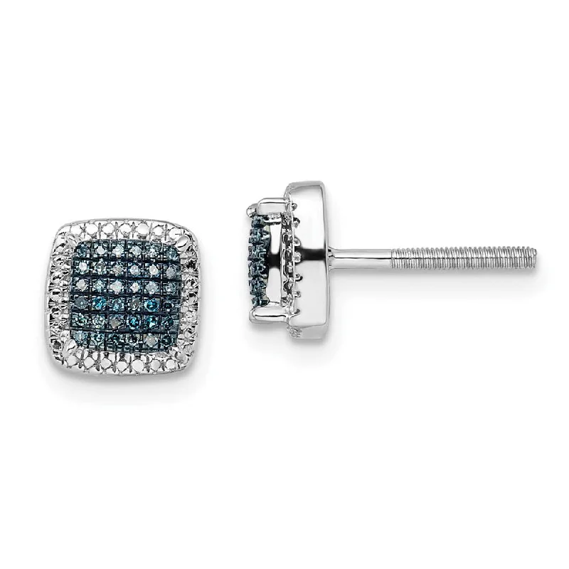 Long Statement Earrings-Blue & White Diamond 8mm Square Screw Back Earrings in Sterling Silver