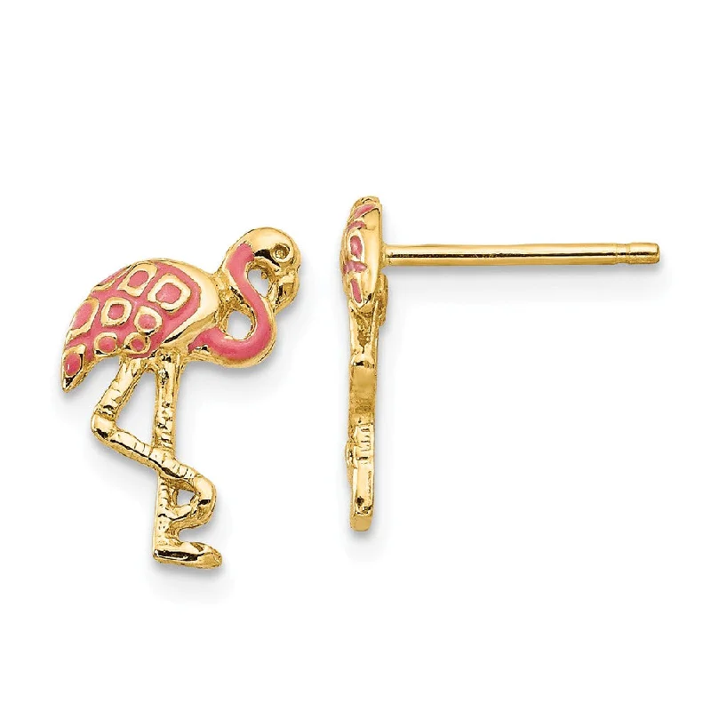 Sterling Silver Earrings-Pink Flamingo Post Earrings in 14k Yellow Gold and Enamel