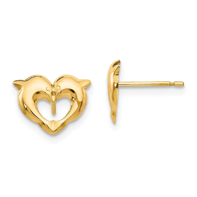 Custom Gold Earrings-Kids 10mm Heart Shaped Dolphins Post Earrings in 14k Yellow Gold