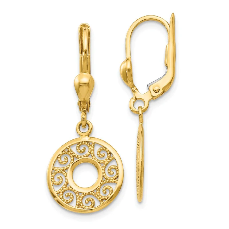 Colorful Dangle Earrings-12mm Filigree Circle Lever Back Earrings in 14k Yellow Gold