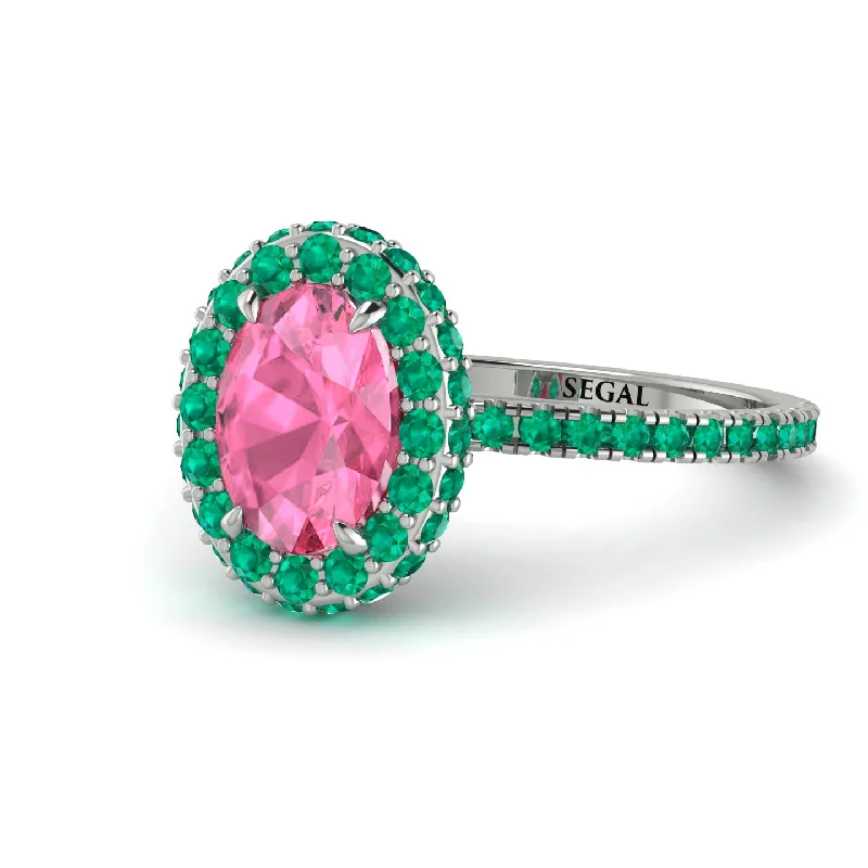 Beautiful Diamond Rings-Oval Pink Moissanite Halo Hidden Emeralds Ring - Amy No. 806