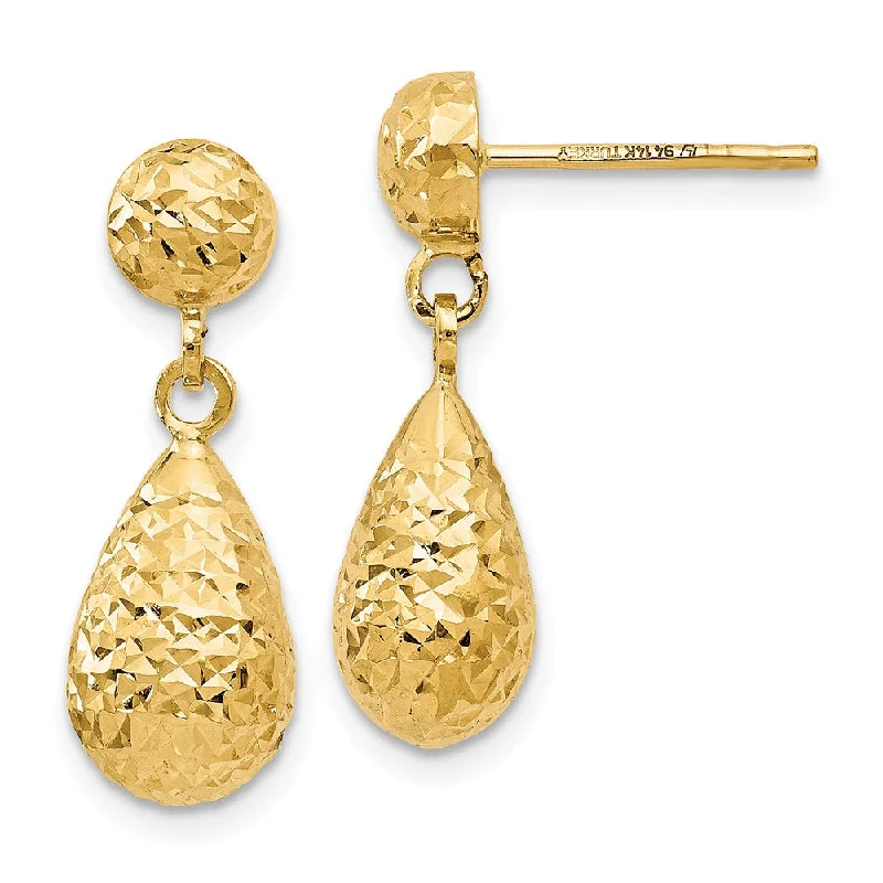 Dainty Gold Earrings-Diamond Cut Teardrop Post Dangle Earrings in 14k Yellow Gold, 20mm