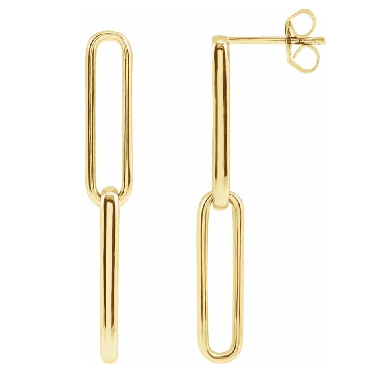 Gold Stud Earrings-14K Yellow Gold Elongated Flat Link Dangle Post Earrings, 5 x 34mm