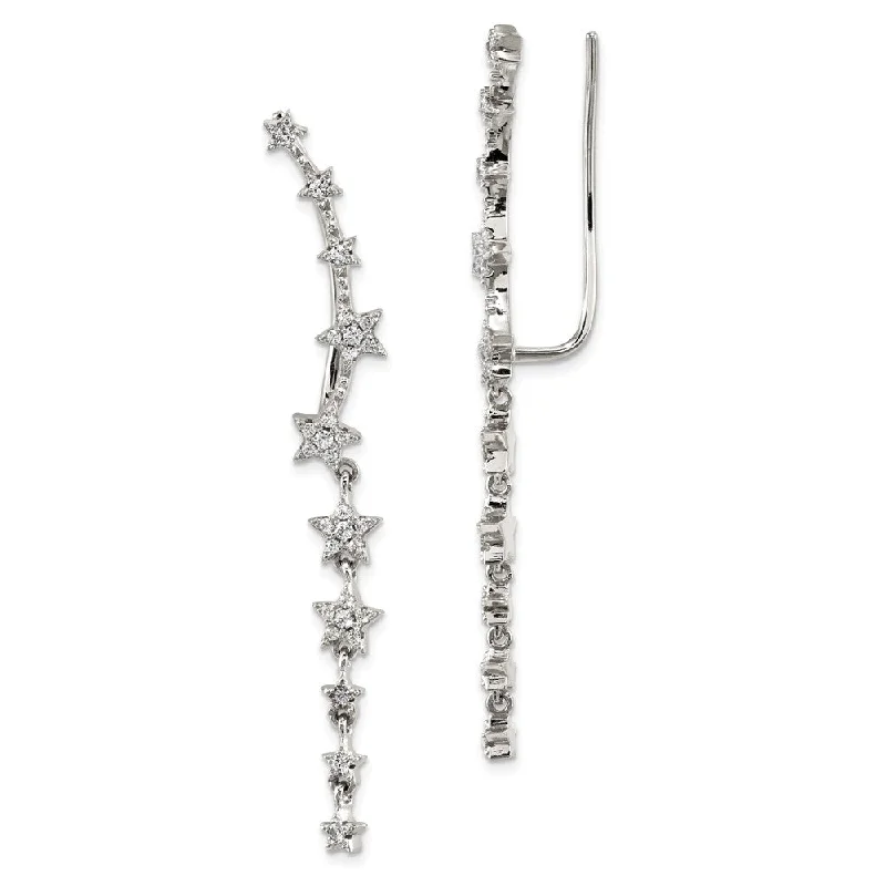 Eye-Catching Earrings-5 x 51mm Rhodium-Plated Sterling Silver Dangling CZ Stars Ear Climbers