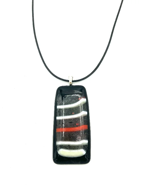 Long Silver Necklaces-Necklace with Fused Glass Pendant, Large Pendant, Black with Stripes