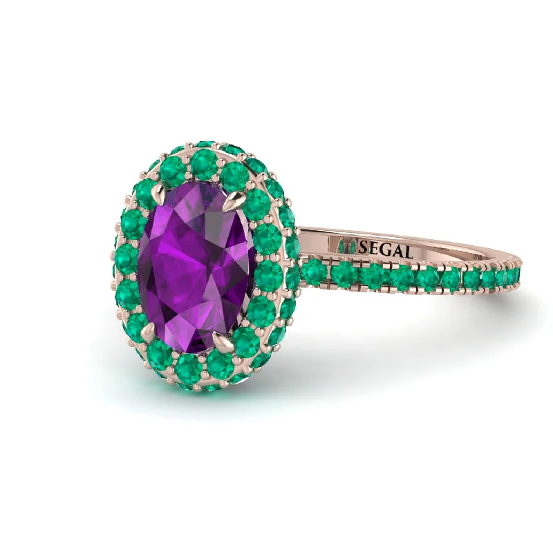 Simple Solitaire Rings-Oval Amethyst Halo Hidden Emeralds Ring - Amy No. 305