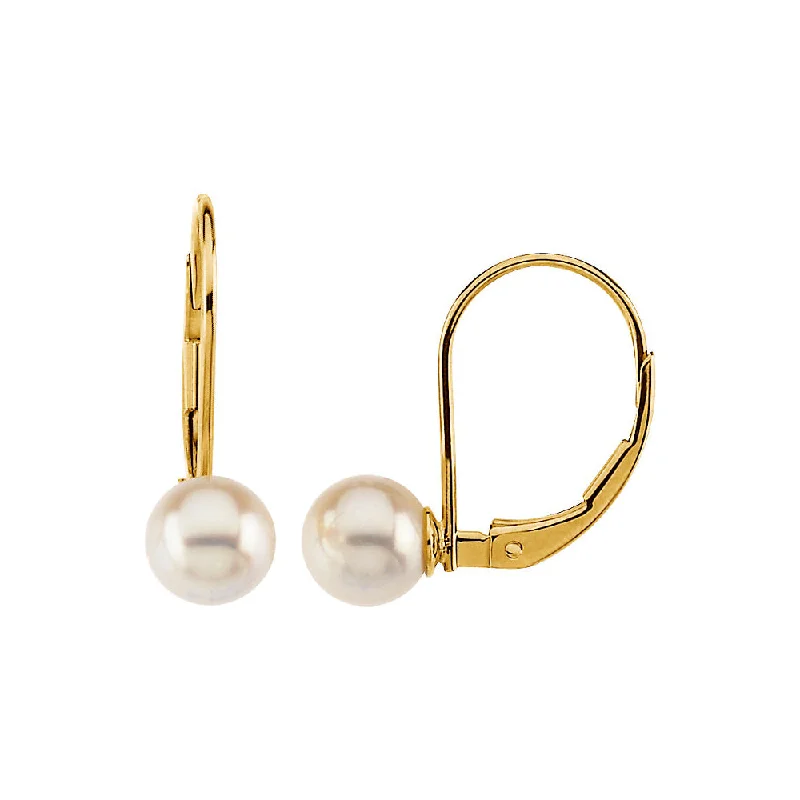 Silver and Gold Earrings-7mm Round Akoya Cultured Pearl Lever Back Earrings in 14k Yellow Gold