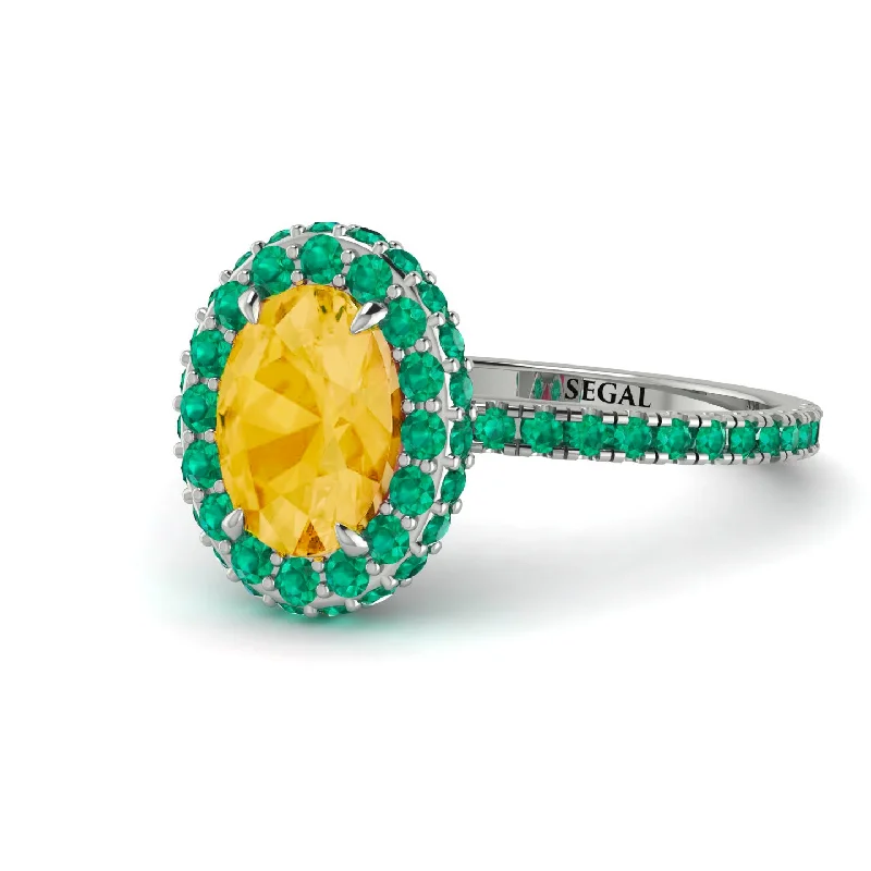 Simple Gemstone Rings-Oval Citrine Halo Hidden Emeralds Ring - Amy No. 606