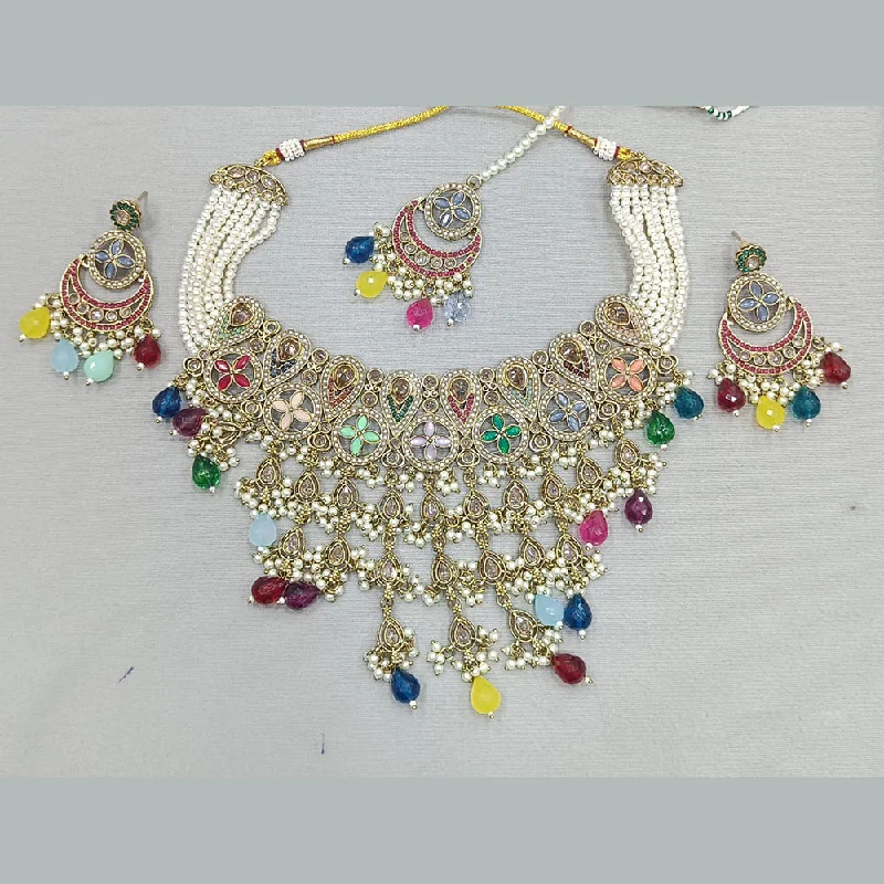 Wedding Pendant Necklaces-Rani Sati Jewels Gold Plated Crystal Stone And Beads Choker Necklace Set