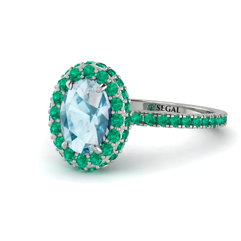 Classic Gold Rings-Oval Aquamarine Halo Hidden Emeralds Ring - Amy No. 406