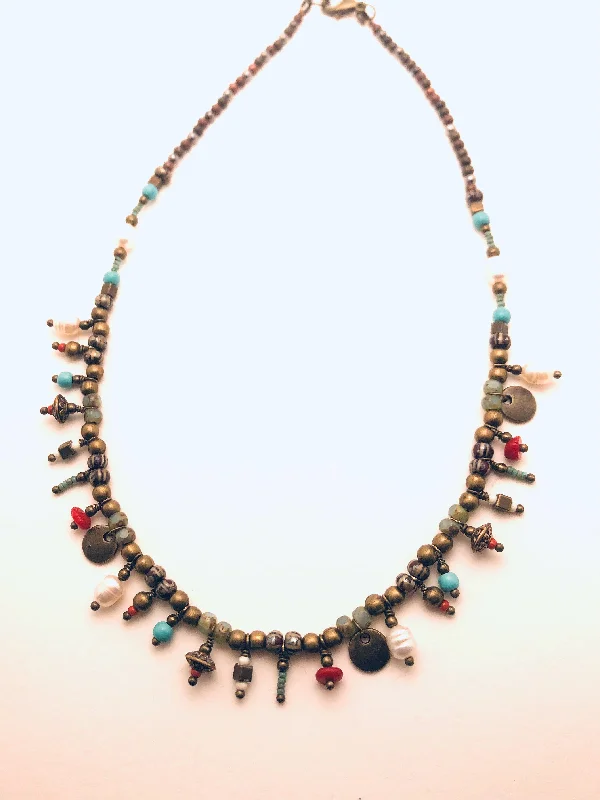 Fashionable Layered Necklaces-Mixed Metal Necklace with Pearls, Coral and Czech Glass