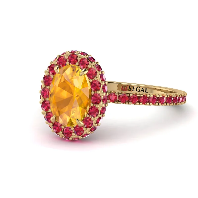 Sparkling Wedding Ring Sets-Oval Yellow Diamond Halo Hidden Rubies Ring - Amy No. 1010