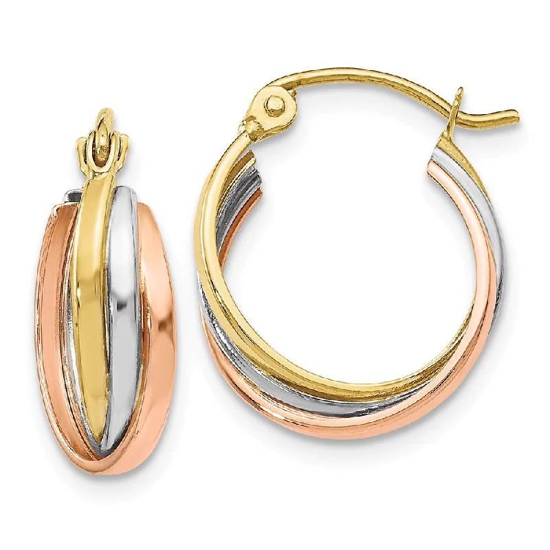 Modern Hoop Earrings-5mm Triple Crossover Hoops in 10k Tri-Color Gold, 14mm (9/16 Inch)