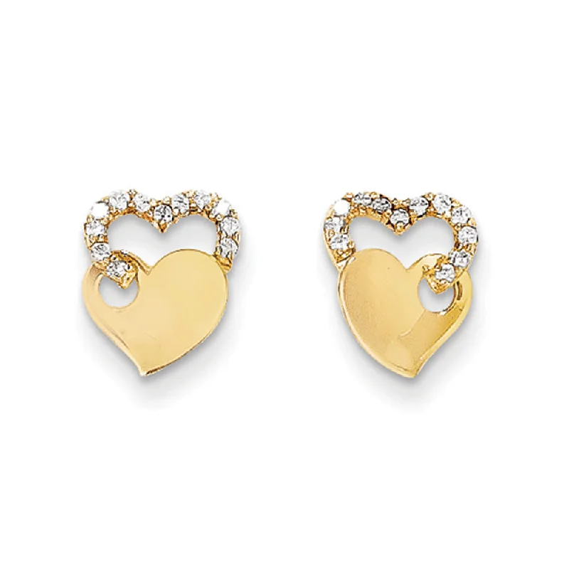 Unique Crystal Earrings-Kids Cubic Zirconia Double Heart Post Earrings in 14k Yellow Gold